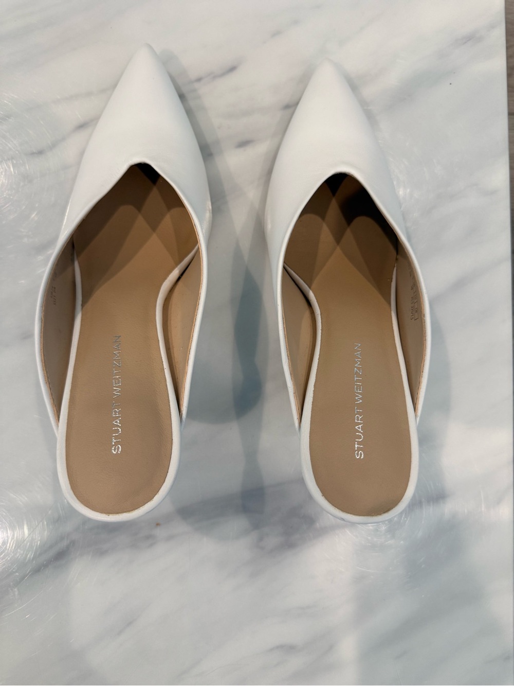 Stuart Weitzman White Pointed Leather Mules